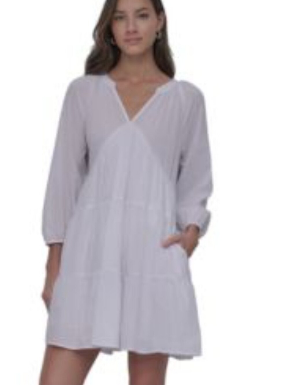 DKNY  Cotton Spilt V-Neck Tiered Tunic White Size XXS NWOT